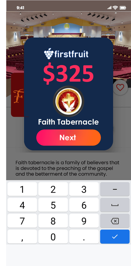The FirstFruit app donation screen